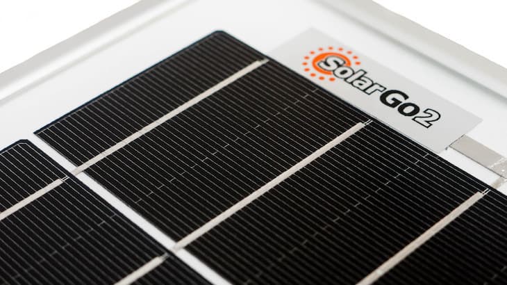 SolarGo2 solar panel, close up shot on corner showing SolarGo2 logo